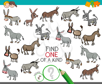 Cartoon Illustration of Find One of a Kind Picture Educational Activity Game for Children with Donkeys Animal Characters