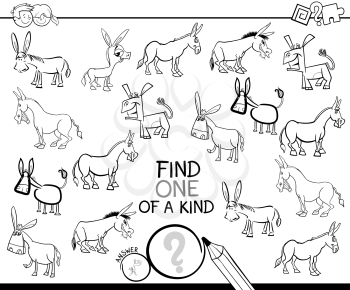 Black and White Cartoon Illustration of Find One of a Kind Picture Educational Activity Game for Children with Donkeys Animal Characters Coloring Book