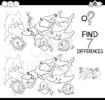 Black and White Cartoon Illustration of Finding Seven Differences Between Pictures Educational Activity Game for Kids with Fish Marine Animal Characters Group Coloring Book