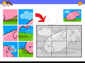 Cartoon Illustration of Educational Jigsaw Puzzle Activity Game for Children with Funny Pig Farm Animal Character