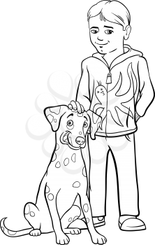 Black and White Cartoon Illustration of Kid Boy with Dalmatian Dog Coloring Book