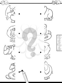 Black and White Cartoon Illustration of Educational Game of Matching Halves of Pictures with Cute Animals Color Book