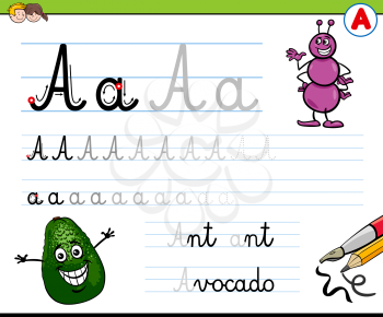 Cartoon Illustration of Writing Skills Practice with Letter A for Preschool and Elementary Age Children
