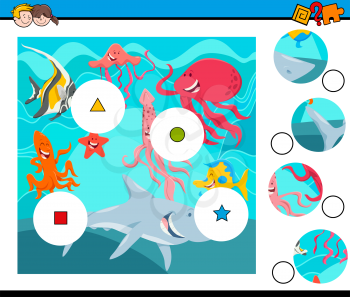 Cartoon Illustration of Educational Match the Pieces Jigsaw Puzzle Game for Children with Sea Life Animal Characters Group