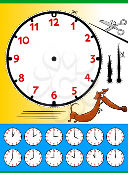 Cartoon Illustrations of Clock Face Telling Time Educational Page for Children
