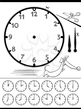 Black and White Cartoon Illustrations of Clock Face Telling Time Educational Page for Children