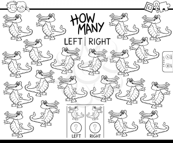Black and White Cartoon Illustration of Educational Game of Counting Left and Right Oriented Pictures for Children with Funny Crocodile Character Coloring Book