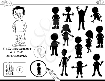 Black and White Cartoon Illustration of Finding and Counting The Shadows Educational Task for Children Coloring Book