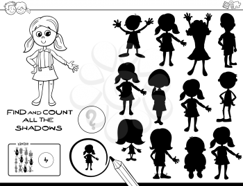 Black and White Cartoon Illustration of Finding and Counting The Shadows Educational Game for Children Coloring Book