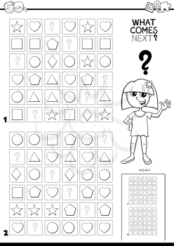 Black and White Cartoon Illustration of Completing the Pattern in the Rows Educational Game for Kids Color Book
