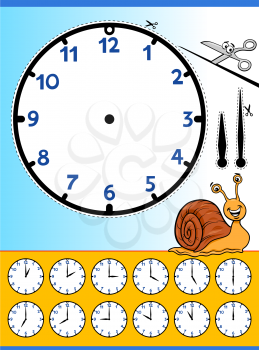 Cartoon Illustrations of Clock Face Telling Time Educational Worksheet for Children