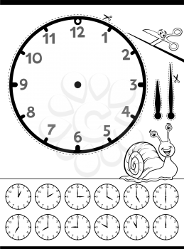 Black and White Cartoon Illustrations of Clock Face Telling Time Educational Worksheet for Children