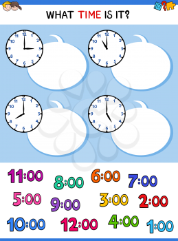 Cartoon Illustrations of Telling Time Educational Worksheet for Children