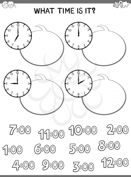 Black and White Cartoon Illustrations of Telling Time Educational Worksheet for Children