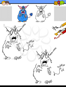 Cartoon Illustration of Drawing and Coloring Educational Activity for Children with Monster Fantasy Character