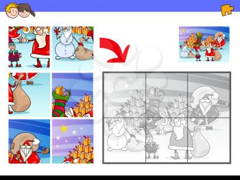 Cartoon Illustration of Educational Jigsaw Puzzle Game for Children with Christmas Characters