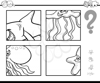 Black and White Cartoon Illustration of Educational Activity Game of Guessing Sea Animals for Children Coloring Page
