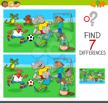 Cartoon Illustration of Finding Seven Differences Between Pictures Educational Game for Children with Soccer Players Animal Characters