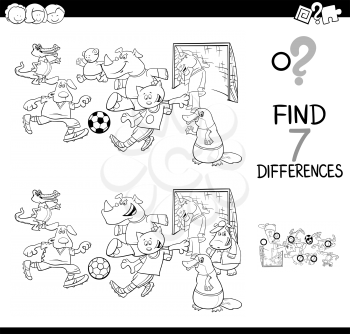 Black and White Cartoon Illustration of Finding Seven Differences Between Pictures Educational Game for Children with Soccer Players Animal Characters Coloring Book