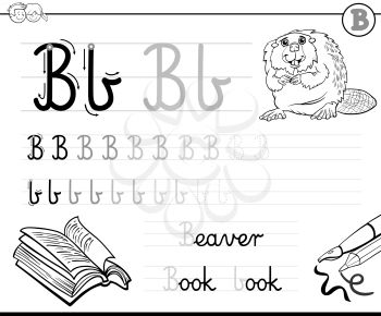 Black and White Cartoon Illustration of Writing Skills Practice with Letter B for Preschool and Elementary Age Children Color Book