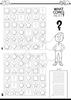 Black and White Cartoon Illustration of Completing the Pattern in the Rows Educational Task for Children Color Book