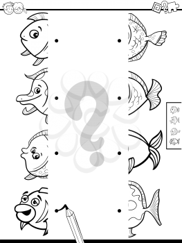 Black and White Cartoon Illustration of Educational Game of Matching Halves of Pictures with Funny Fish Coloring Book
