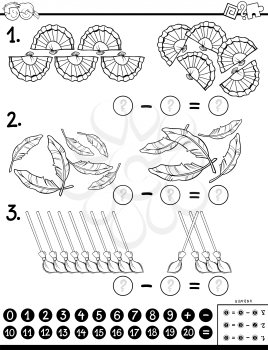 Black and White Cartoon Illustration of Educational Mathematical Subtraction Puzzle Game for Children with Objects Coloring Book