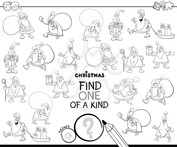 Black and White Cartoon Illustration of Find One of a Kind Picture Educational Activity Game for Children with Christmas Santa Characters Coloring Book