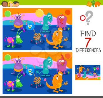 Cartoon Illustration of Finding Seven Differences Between Pictures Educational Game for Children with Monster Characters