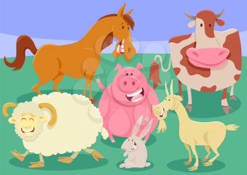 Cartoon Illustration of Comic Farm Animal Characters Group