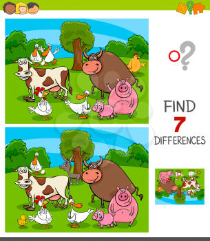 Cartoon Illustration of Finding Seven Differences Between Pictures Educational Game for Children with Farm Animal Characters