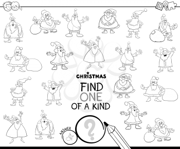 Black and White Cartoon Illustration of Find One of a Kind Picture Educational Game for Children with Santa Claus Characters Coloring Book