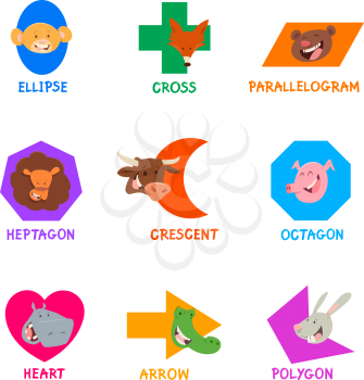 Educational Cartoon Illustration of Basic Geometric Shapes with Captions and Funny Animal Characters for Kids