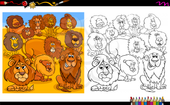 Cartoon Illustration of Lions Animal Characters Group Coloring Book Worksheet