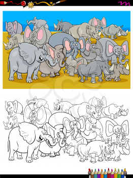 Cartoon Illustration of Elaphants and Rhinos Animal Characters Group Coloring Book Worksheet