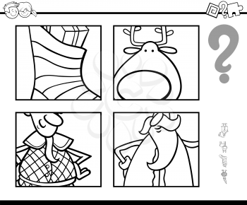 Black and White Cartoon Illustration of Educational Game of Guessing Christmas Characters and Themes for Children Coloring Book