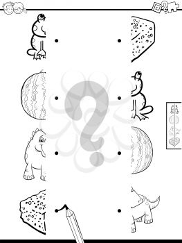 Black and White Cartoon Illustration of Educational Game of Matching Halves of Pictures with Animals and Objects Coloring Book