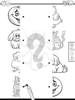 Black and White Cartoon Illustration of Educational Game of Matching Halves of Pictures with Funny Characters Coloring Book