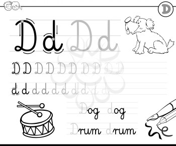 Black and White Cartoon Illustration of Writing Skills Practice with Letter D for Preschool and Elementary Age Children Color Book