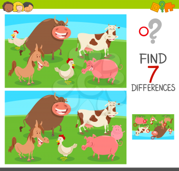 Cartoon Illustration of Finding Seven Differences Between Pictures Educational Game for Children with Farm Animals