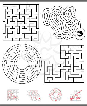 Illustration of Black and White Mazes or Labyrinths Leisure Games Set with Answers