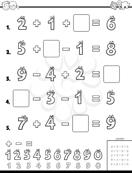 Black and White Cartoon Illustration of Educational Mathematical Calculation Puzzle Workbook for Children Coloring Book