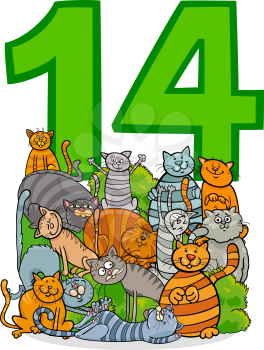 Cartoon Illustration of Number Fourteen and Cat Characters Group