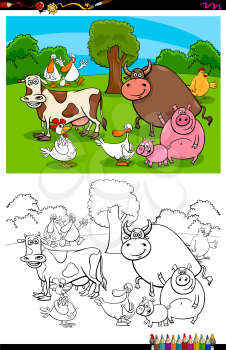 Cartoon Illustration of Funny Farm Animal Characters Group on the Meadow Coloring Book Activity