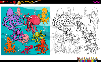 Cartoon Illustration of Octopus Sea Life Animal Characters Group Coloring Book Worksheet