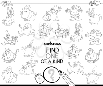 Black and White Cartoon Illustration of Find One of a Kind Picture Educational Game for Kids with Santa Claus Christmas Characters Coloring Book
