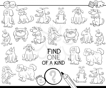 Black and White Cartoon Illustration of Find One of a Kind Picture Educational Activity Game for Children with Dogs Animal Characters Coloring Book