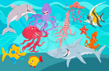 Cartoon Humorous Illustration of Sea Life Marine Animal Characters Group Underwater