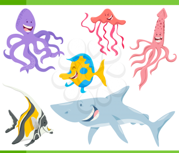 Cartoon Illustration of Funny Marine Life Animal Characters Set