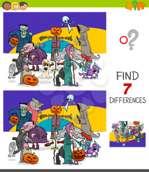 Cartoon Illustration of Finding Ten Differences Between Pictures Educational Game for Children with Halloween Characters